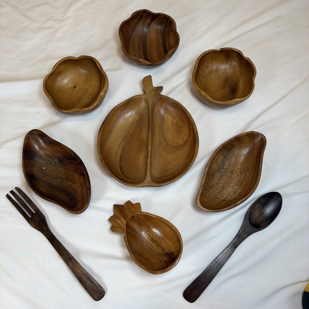Vintage Lot Of 9 MCM Monkey Pod Wood Serving Trays Bowls Sooon Fork